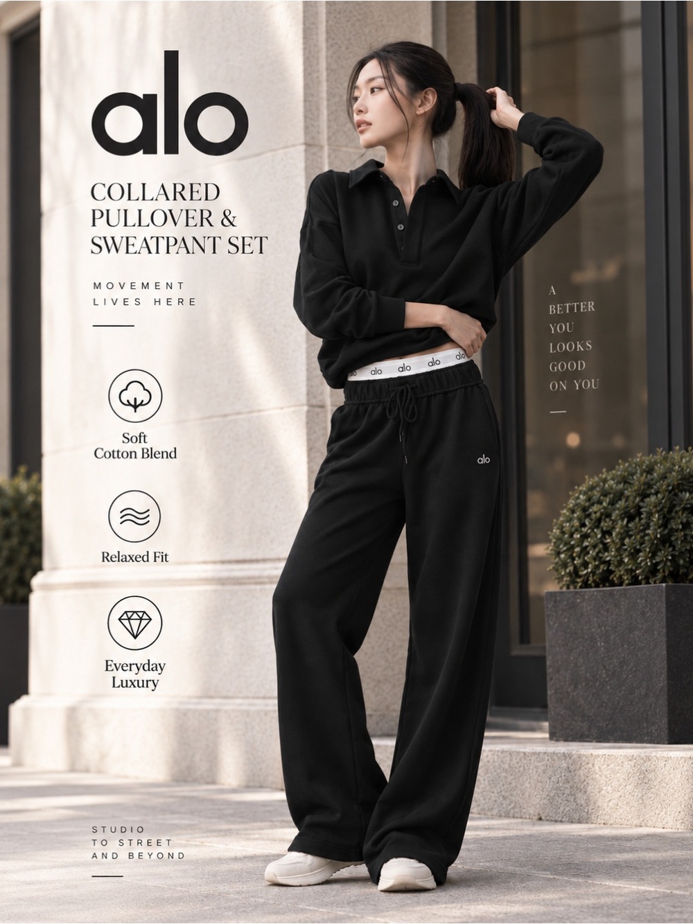 ALO Yoga Take It Easy Henley & Accolade Straight Leg Pants Black Set S NEW